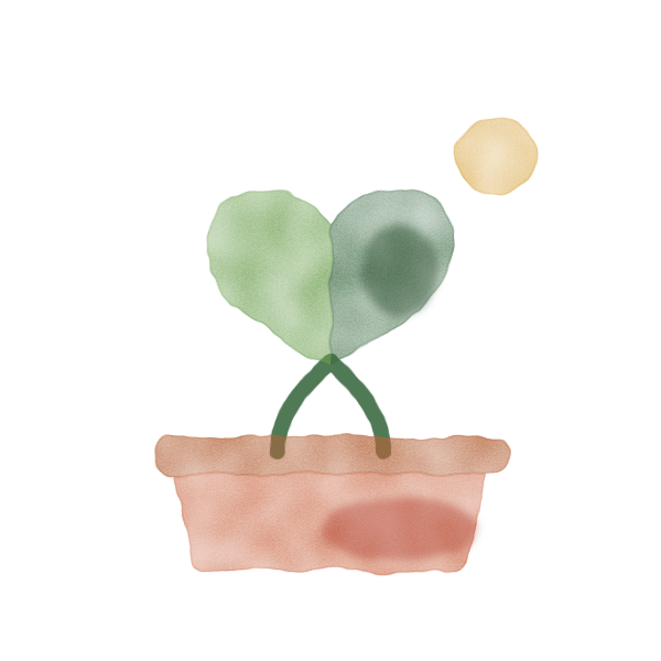 Garden Buds: two seedlings whose leaves meet as a heart, in a terracotta pot